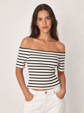 COOPERATIVE Striped Off The Shoulder Bardot Top Ribbed Knit Parisian Summer